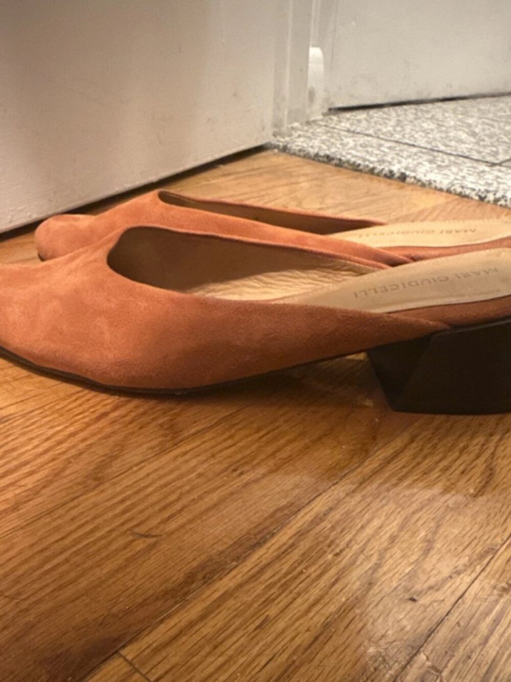 Mari Giudicelli Brown Orange Suede Block Heel Slip-On Mules Almond Toe EU41 US10